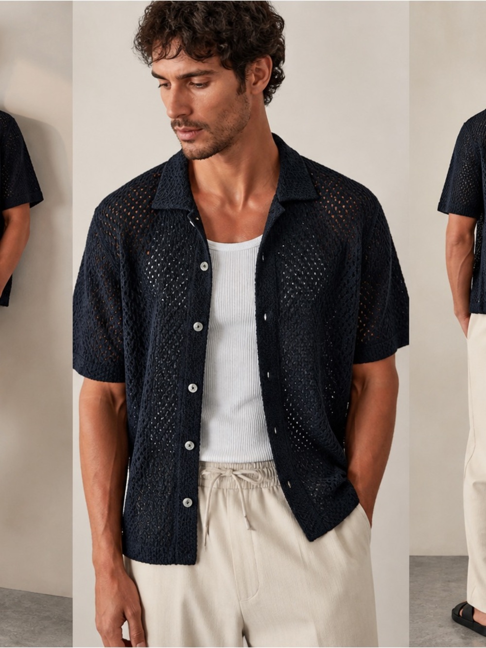 ASOS Design Black Open Knit Crochet Button Up Shirt Sheet Mesh Resort